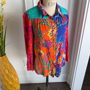 Soft Surroundings Floral Panel Block Vibrant Multicolor Button-Up Blouse